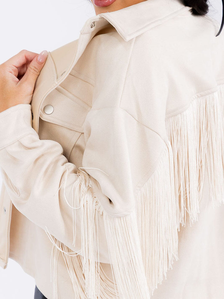 WOMEN'S LONG SLEEVE BUTTON CLOSURE POCKETS FRINGE JACKET