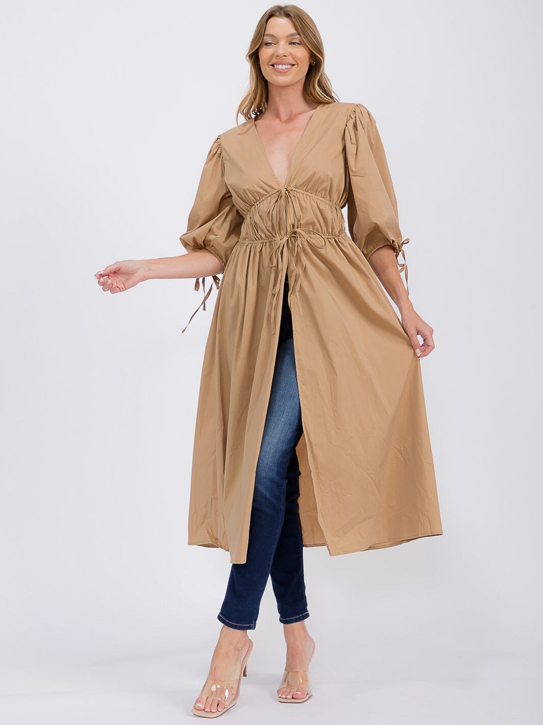 WOMEN'S SHORT PUFF SLEEVE V-NECK FRONT TIE SLIT CARDIGAN TOP