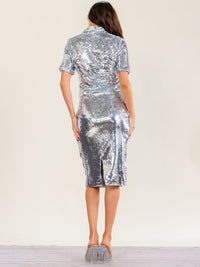 WOMEN'S SHORT SLEEVE V-NECK SEQUINS BLOUSE