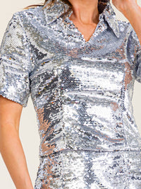 WOMEN'S SHORT SLEEVE V-NECK SEQUINS BLOUSE