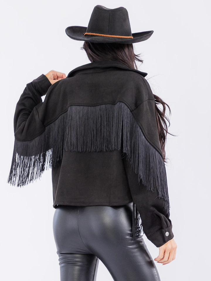 WOMEN'S LONG SLEEVE BUTTON CLOSURE POCKETS FRINGE JACKET