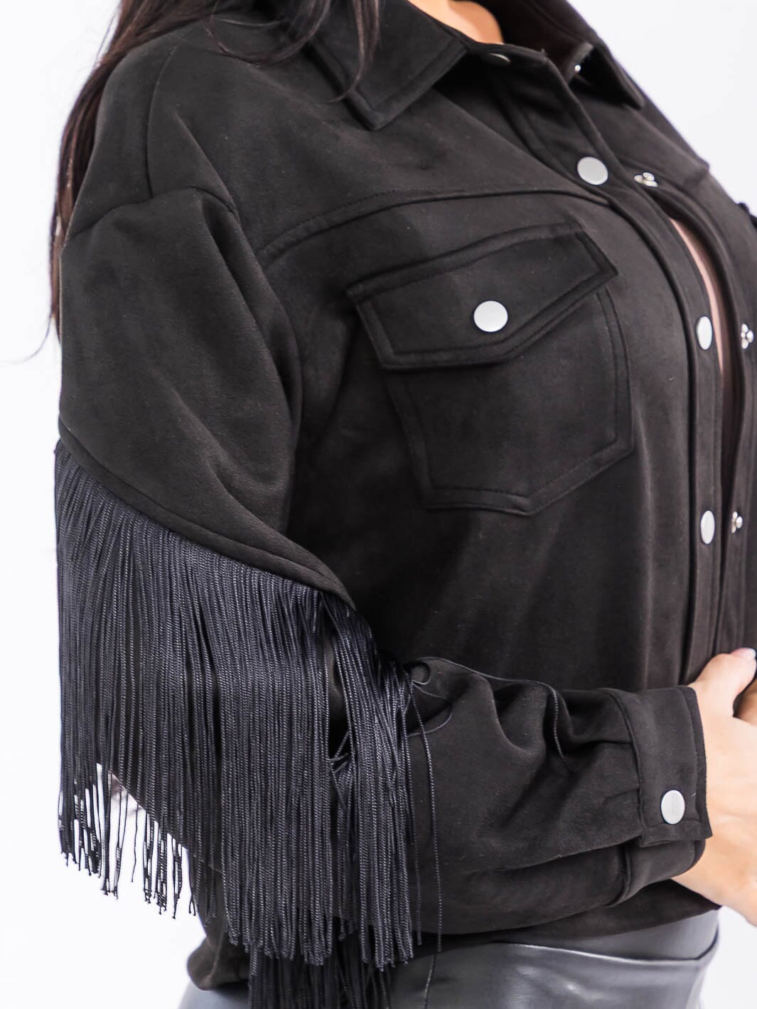 WOMEN'S LONG SLEEVE BUTTON CLOSURE POCKETS FRINGE JACKET