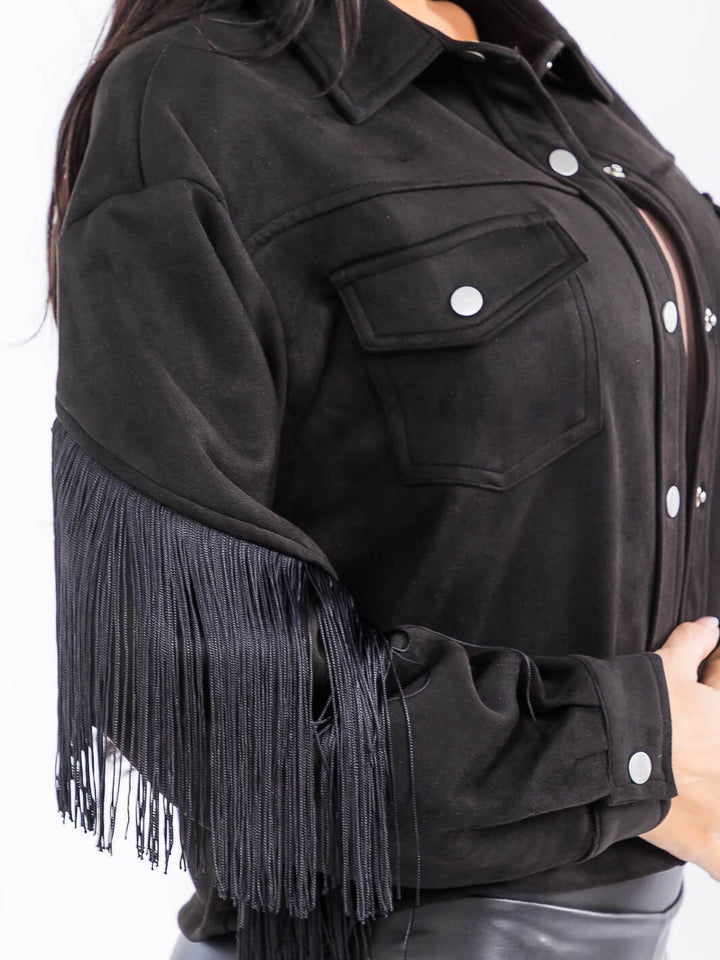 WOMEN'S LONG SLEEVE BUTTON CLOSURE POCKETS FRINGE JACKET