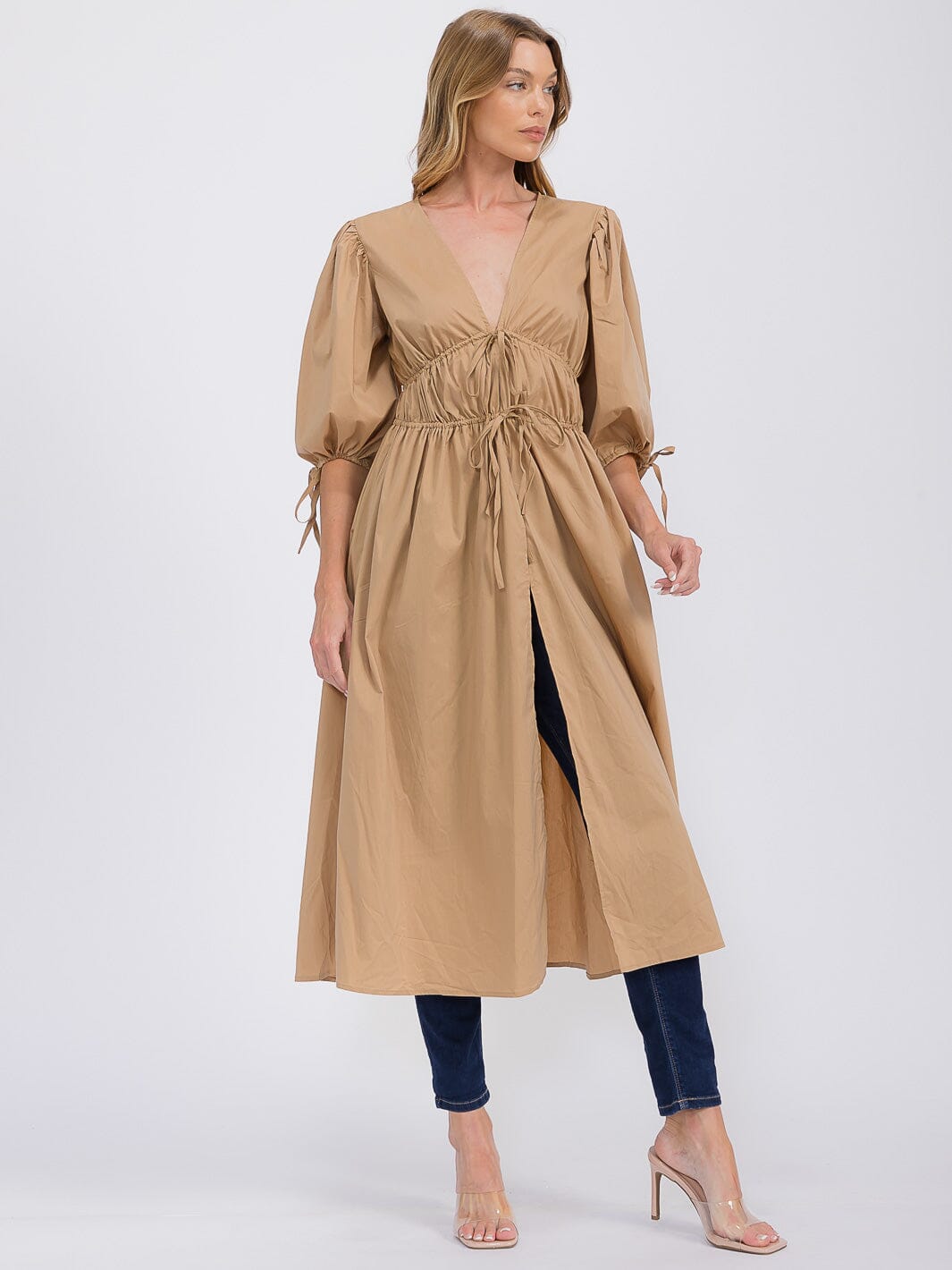 WOMEN'S SHORT PUFF SLEEVE V-NECK FRONT TIE SLIT CARDIGAN TOP