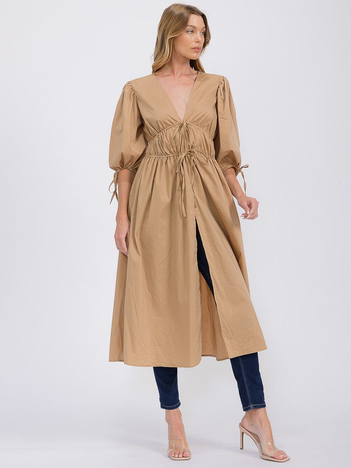 WOMEN'S SHORT PUFF SLEEVE V-NECK FRONT TIE SLIT CARDIGAN TOP