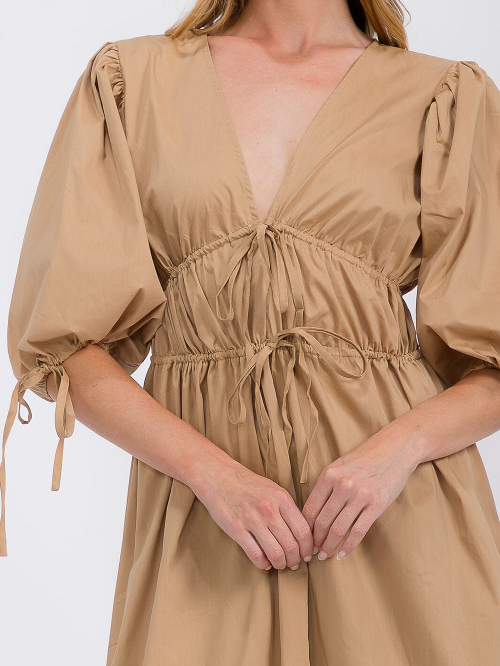 WOMEN'S SHORT PUFF SLEEVE V-NECK FRONT TIE SLIT CARDIGAN TOP