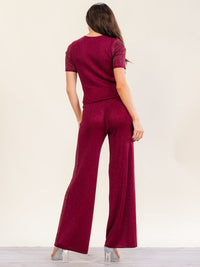 WOMEN'S SHORT SLEEVE BLOUSE & ELASTIC WAIST WIDE LEG PANTS RHINESTONES 2PC. SET