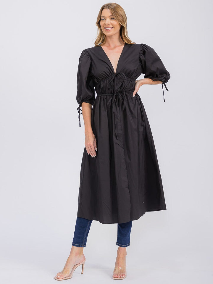 WOMEN'S SHORT PUFF SLEEVE V-NECK FRONT TIE SLIT CARDIGAN TOP