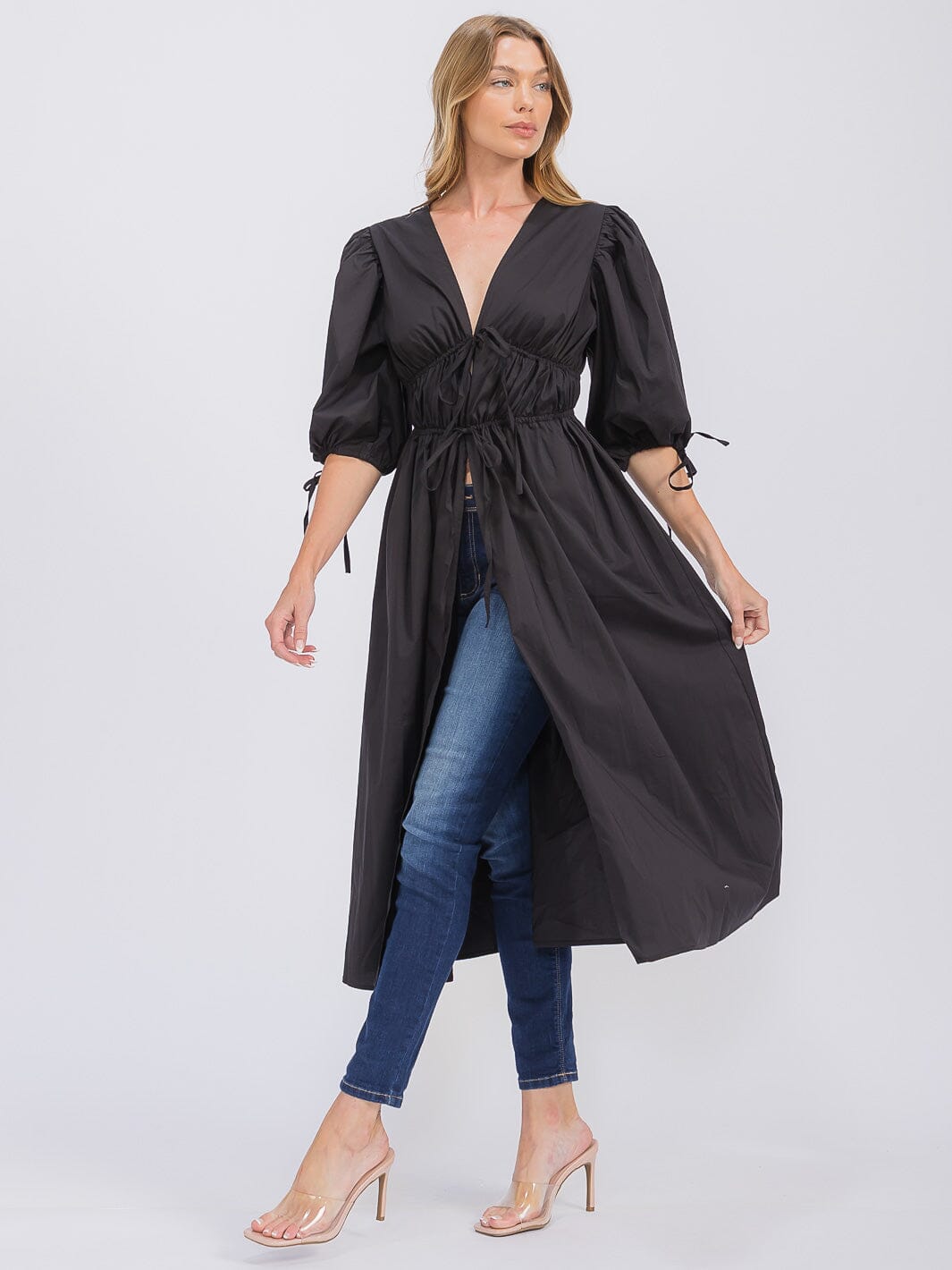 WOMEN'S SHORT PUFF SLEEVE V-NECK FRONT TIE SLIT CARDIGAN TOP