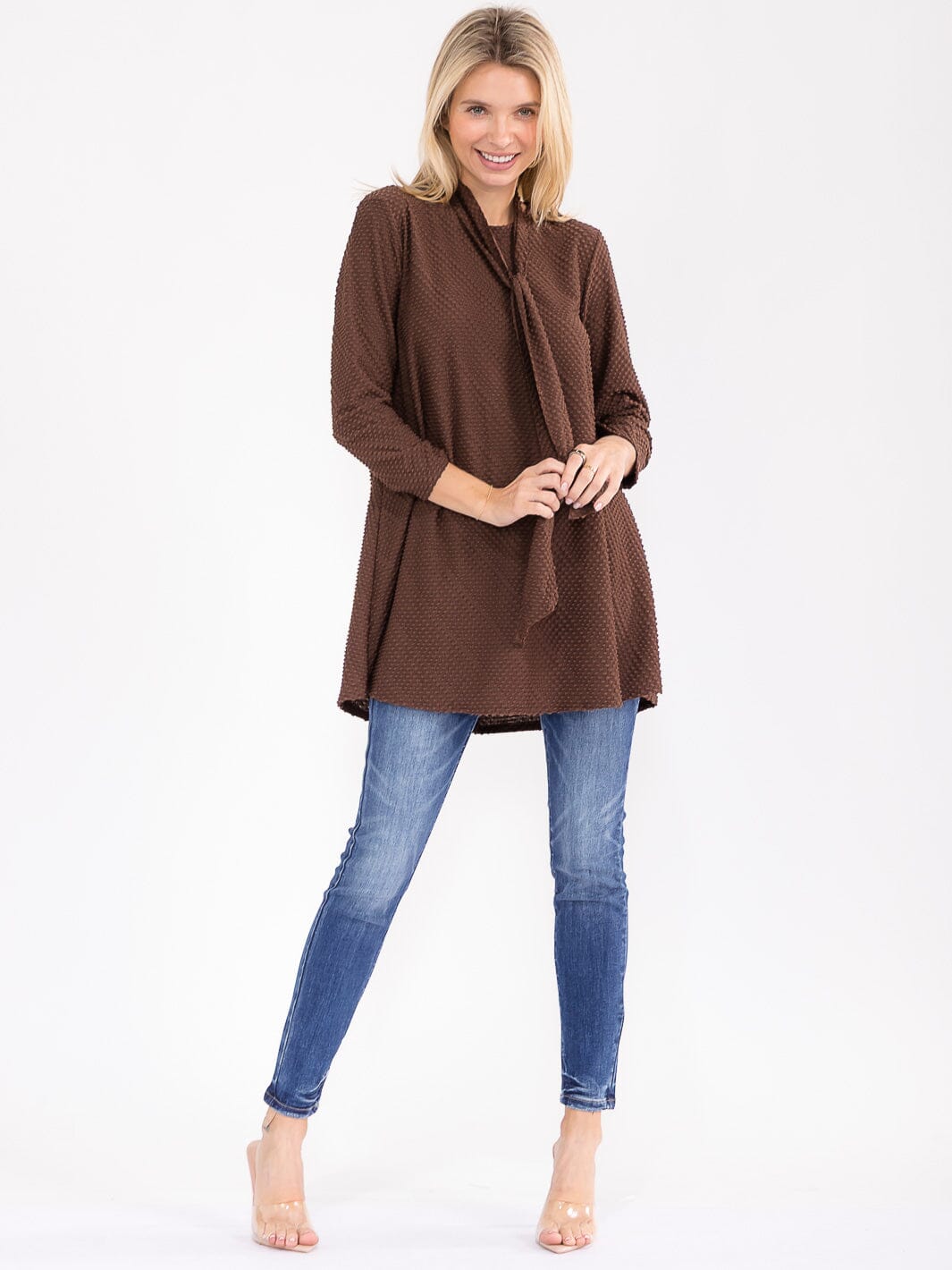 WOMEN'S 3/4 SLEEVE W/SCARF DETAILED TUNIC BLOUSE