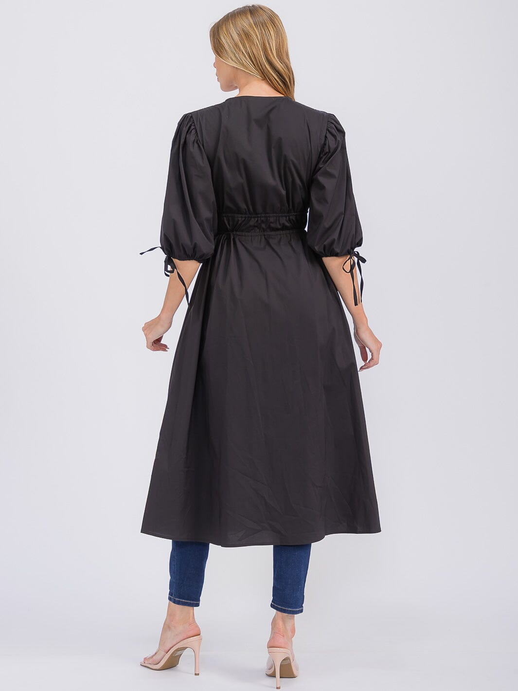 WOMEN'S SHORT PUFF SLEEVE V-NECK FRONT TIE SLIT CARDIGAN TOP