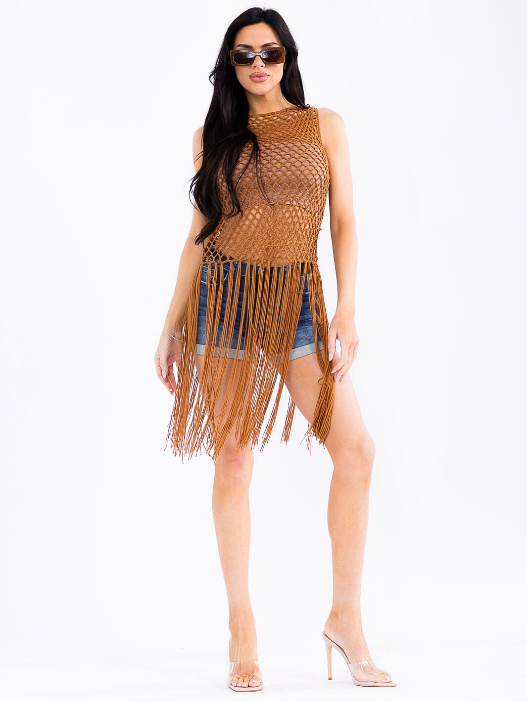 WOMEN'S SLEEVELESS KNITTED FRINGE COVER UP TOP