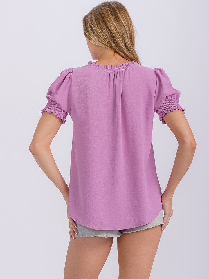 WOMEN'S SHORT PUFF SLEEVE V-NECK BLOUSE
