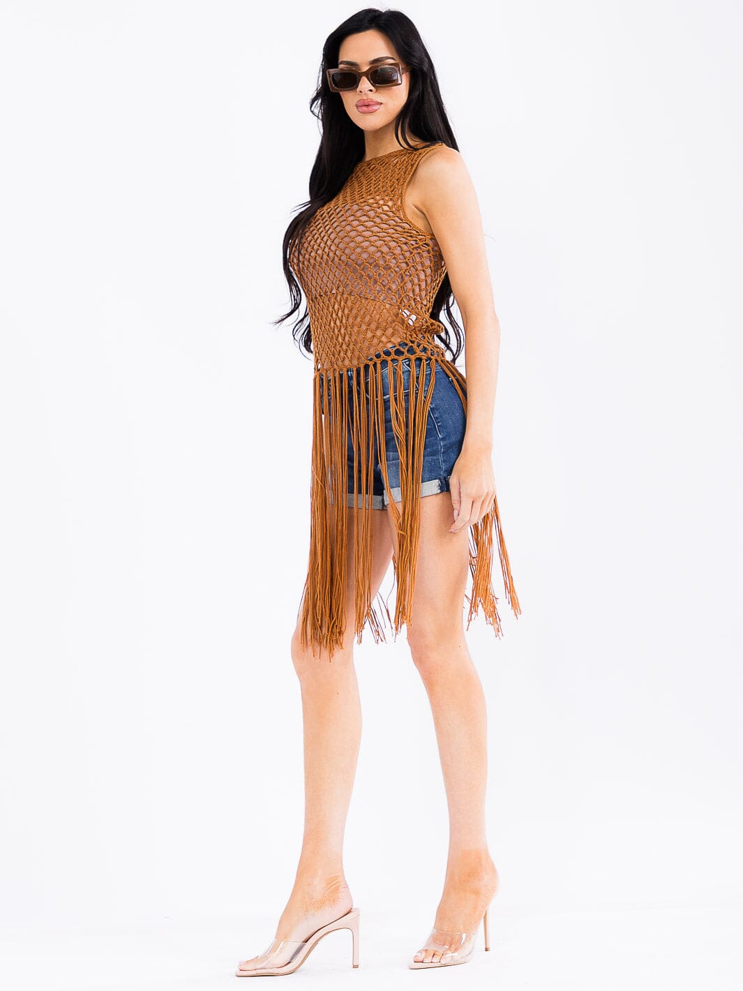 WOMEN'S SLEEVELESS KNITTED FRINGE COVER UP TOP