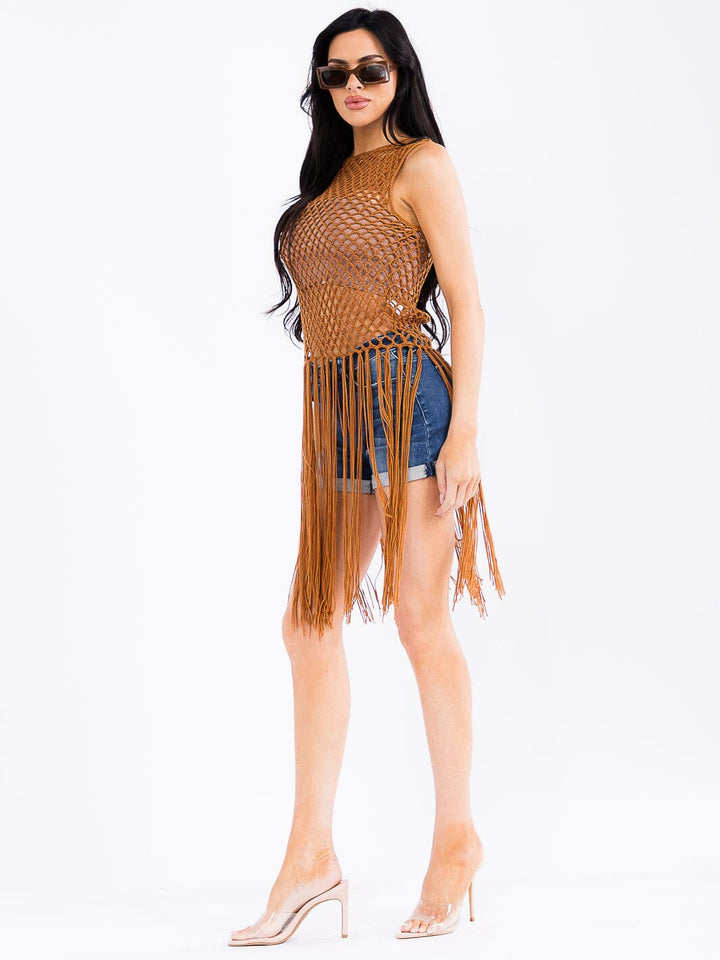 WOMEN'S SLEEVELESS KNITTED FRINGE COVER UP TOP