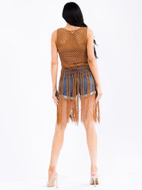 WOMEN'S SLEEVELESS KNITTED FRINGE COVER UP TOP