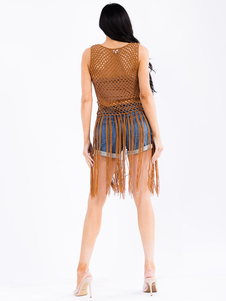 WOMEN'S SLEEVELESS KNITTED FRINGE COVER UP TOP