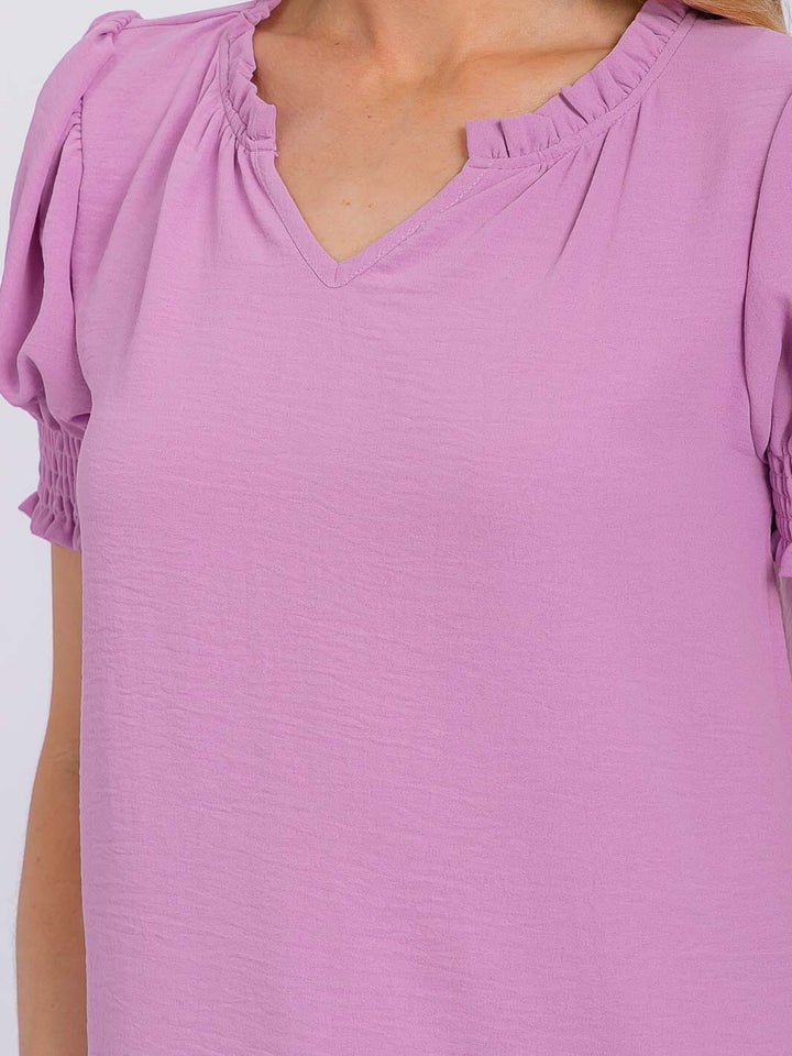 WOMEN'S SHORT PUFF SLEEVE V-NECK BLOUSE