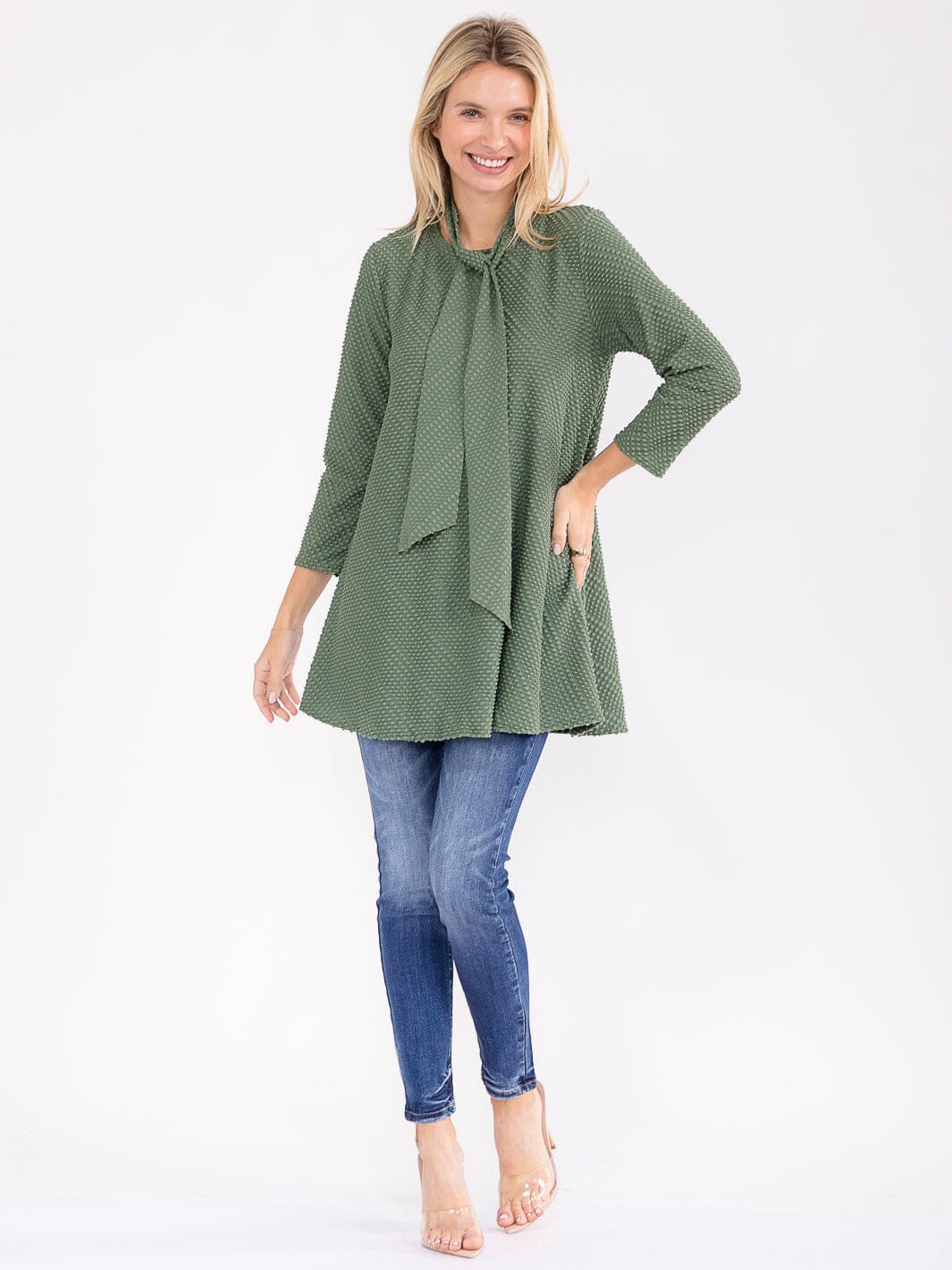 WOMEN'S 3/4 SLEEVE W/SCARF DETAILED TUNIC BLOUSE