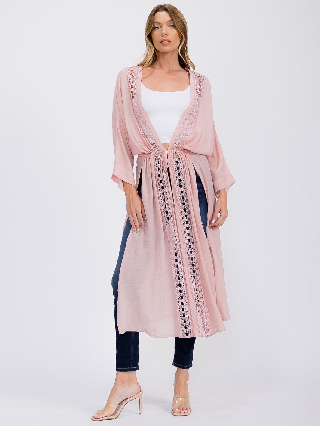 WOMEN'S LONG SLEEVE OPEN FRONT SELF TIE SLIT CARDIGAN