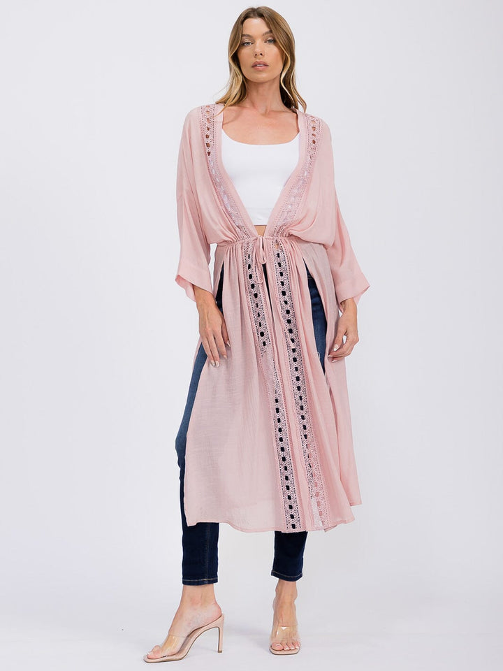 WOMEN'S LONG SLEEVE OPEN FRONT SELF TIE SLIT CARDIGAN