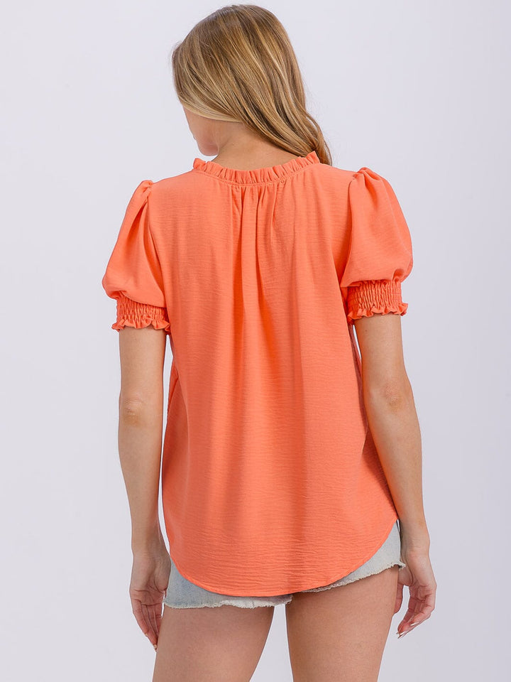WOMEN'S SHORT PUFF SLEEVE V-NECK BLOUSE