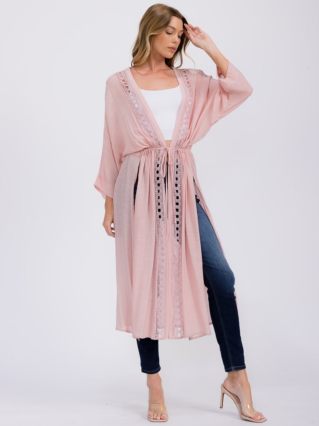 WOMEN'S LONG SLEEVE OPEN FRONT SELF TIE SLIT CARDIGAN