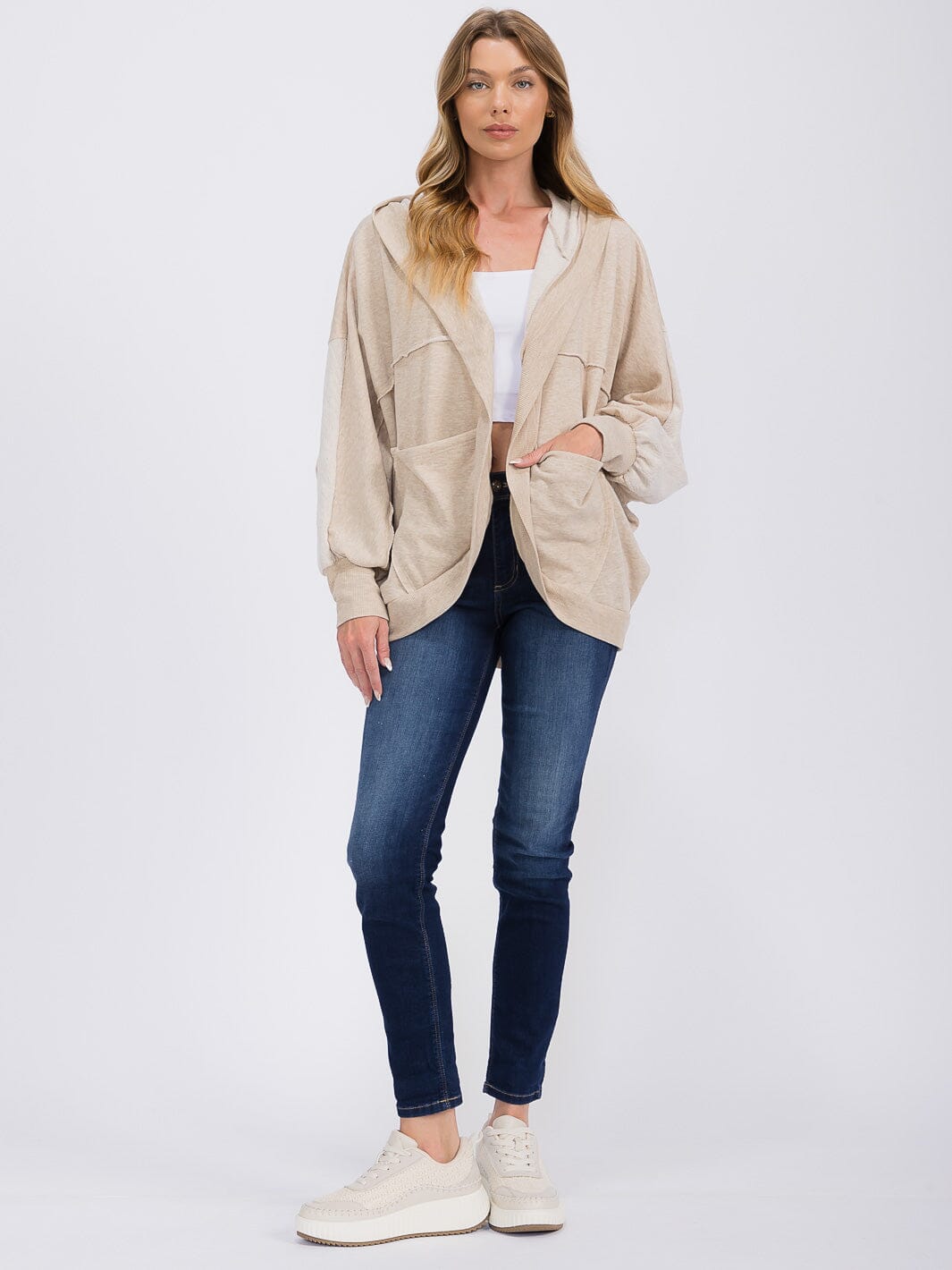 WOMEN'S LONG SLEEVE OPEN FRONT POCKETS HOODED CARDIGAN