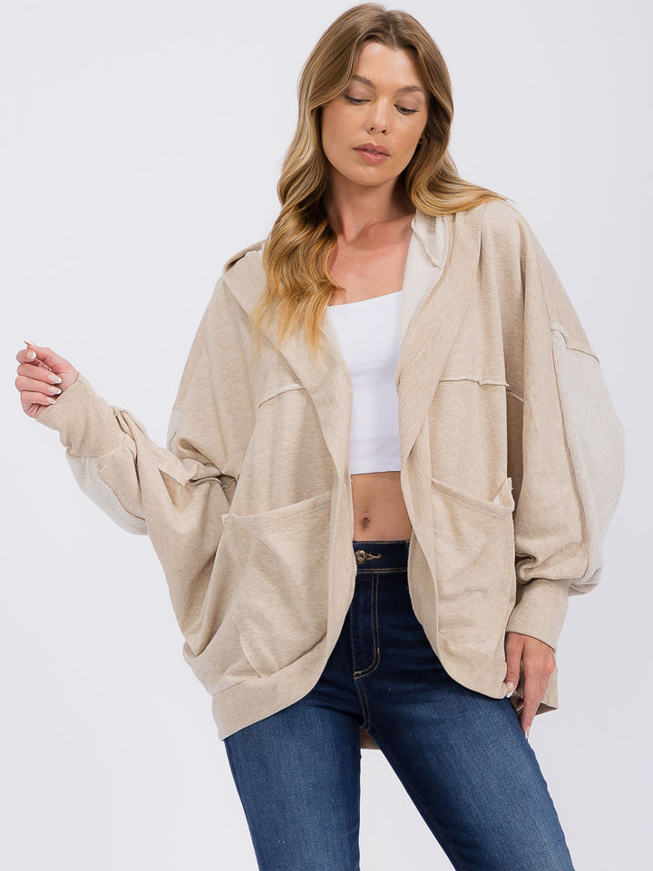 WOMEN'S LONG SLEEVE OPEN FRONT POCKETS HOODED CARDIGAN
