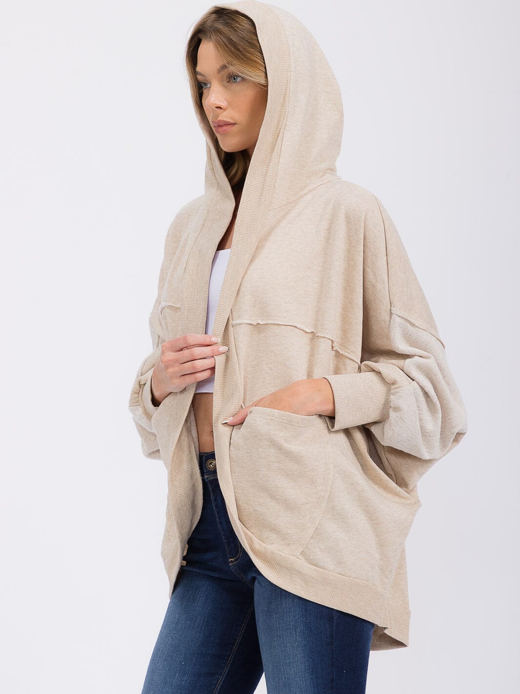 WOMEN'S LONG SLEEVE OPEN FRONT POCKETS HOODED CARDIGAN