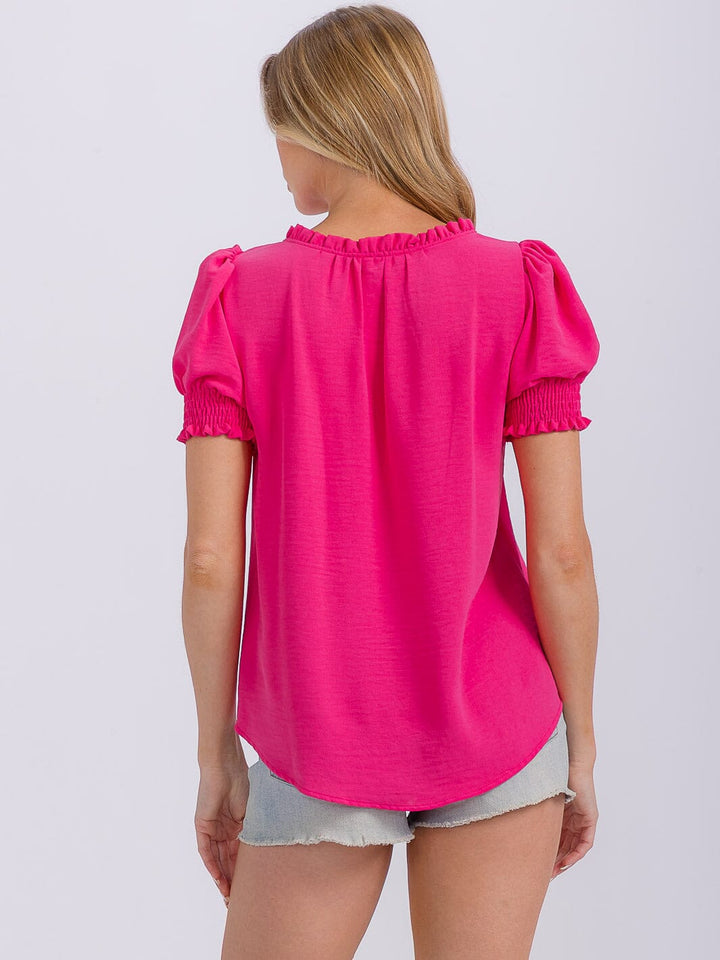 WOMEN'S SHORT PUFF SLEEVE V-NECK BLOUSE