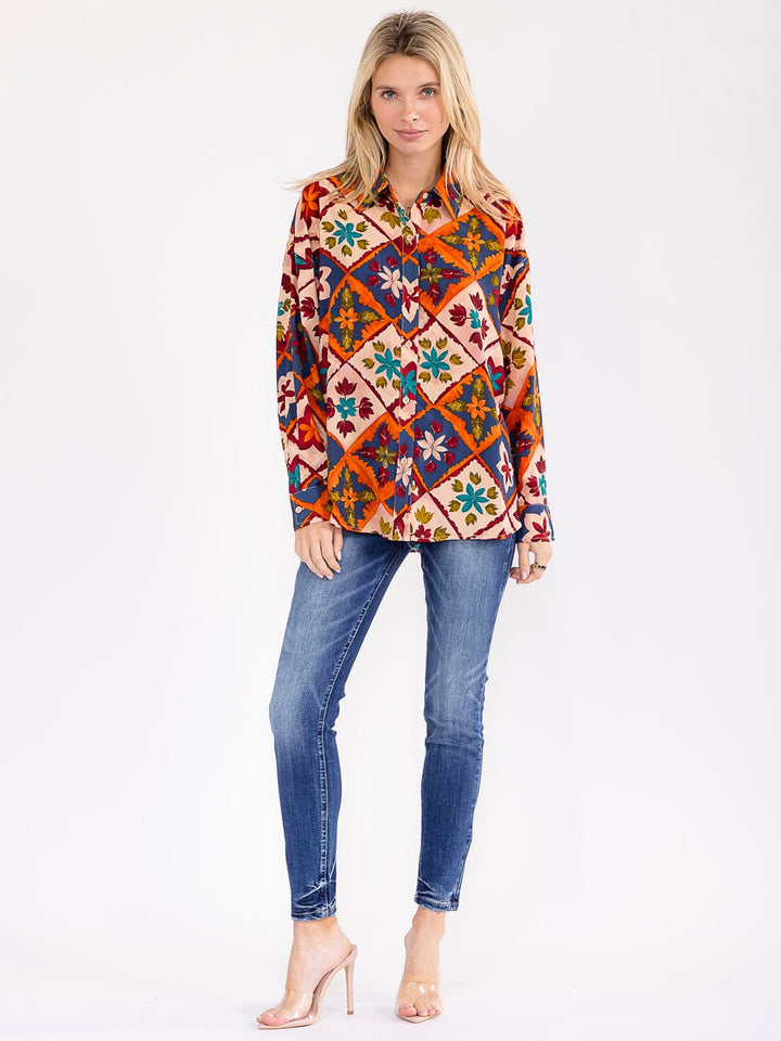 WOMEN'S LONG SLEEVE BUTTON UP MULTI PRINT BLOUSE