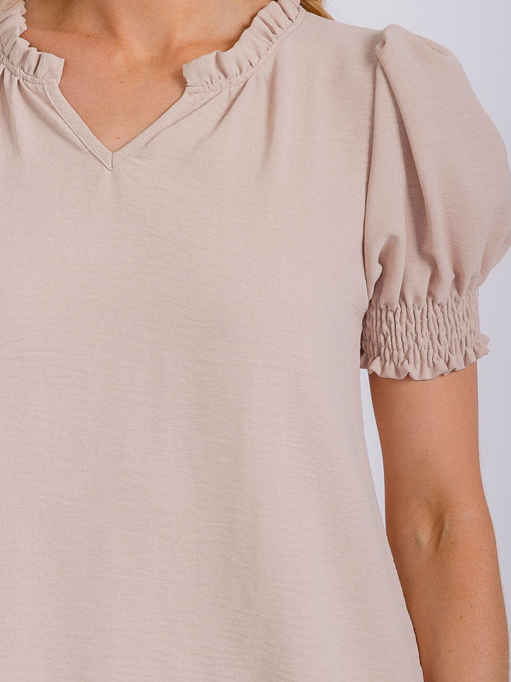 WOMEN'S SHORT PUFF SLEEVE V-NECK BLOUSE