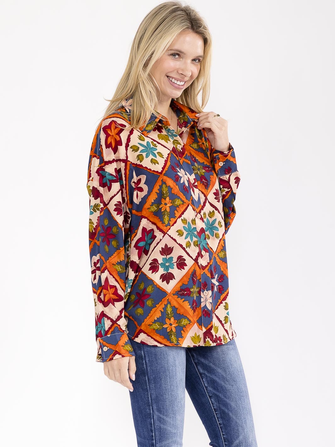 WOMEN'S LONG SLEEVE BUTTON UP MULTI PRINT BLOUSE