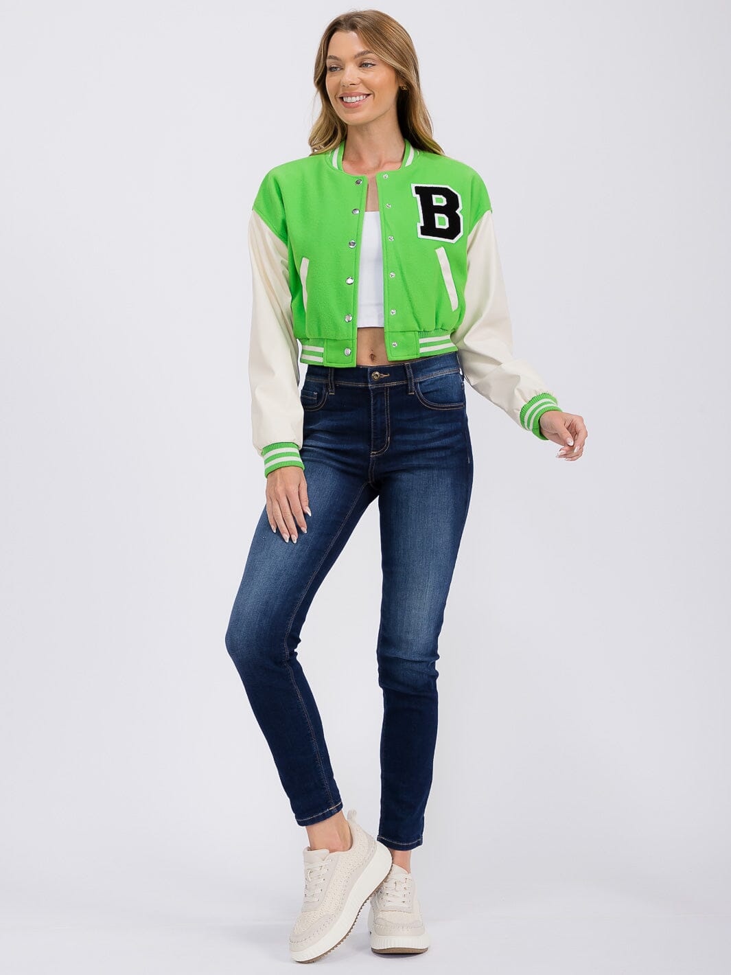 WOMEN'S LONG PU PLEATHER SLEEVE BUTTON CLOSURE POCKETS VARSITY JACKET