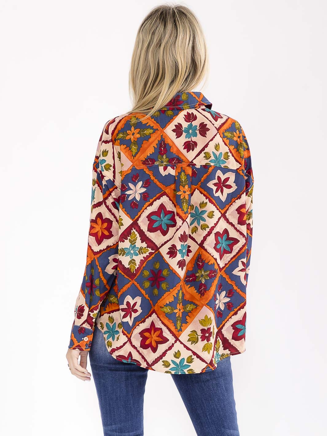WOMEN'S LONG SLEEVE BUTTON UP MULTI PRINT BLOUSE