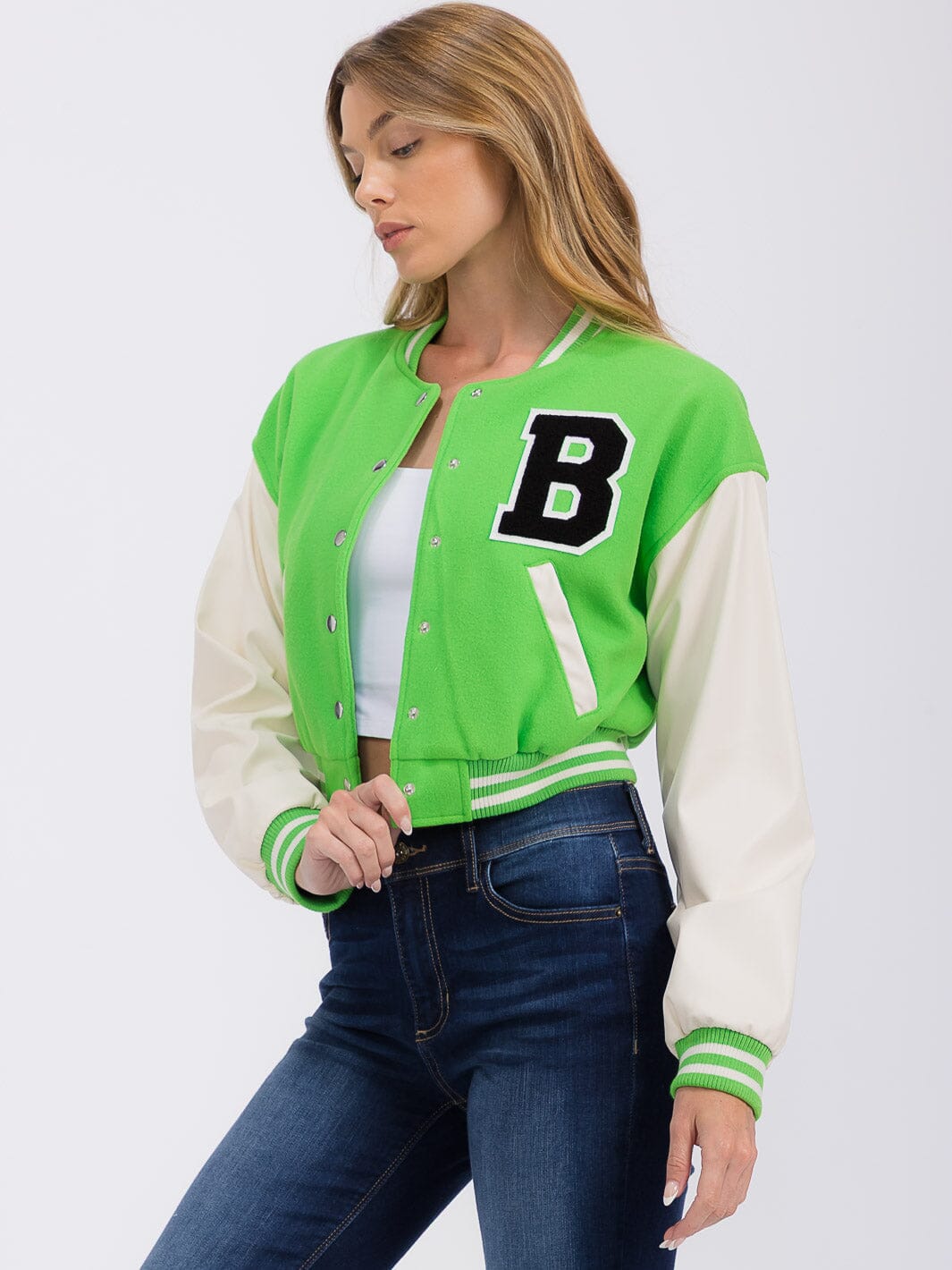 WOMEN'S LONG PU PLEATHER SLEEVE BUTTON CLOSURE POCKETS VARSITY JACKET