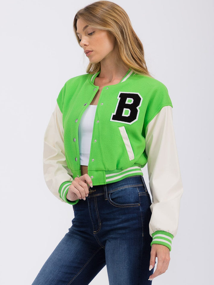 WOMEN'S LONG PU PLEATHER SLEEVE BUTTON CLOSURE POCKETS VARSITY JACKET