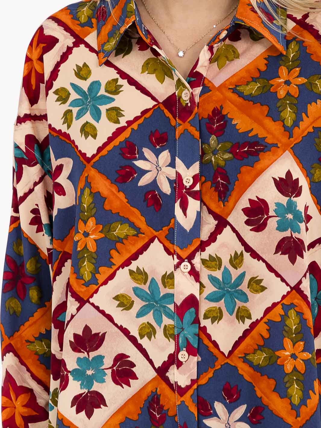 WOMEN'S LONG SLEEVE BUTTON UP MULTI PRINT BLOUSE