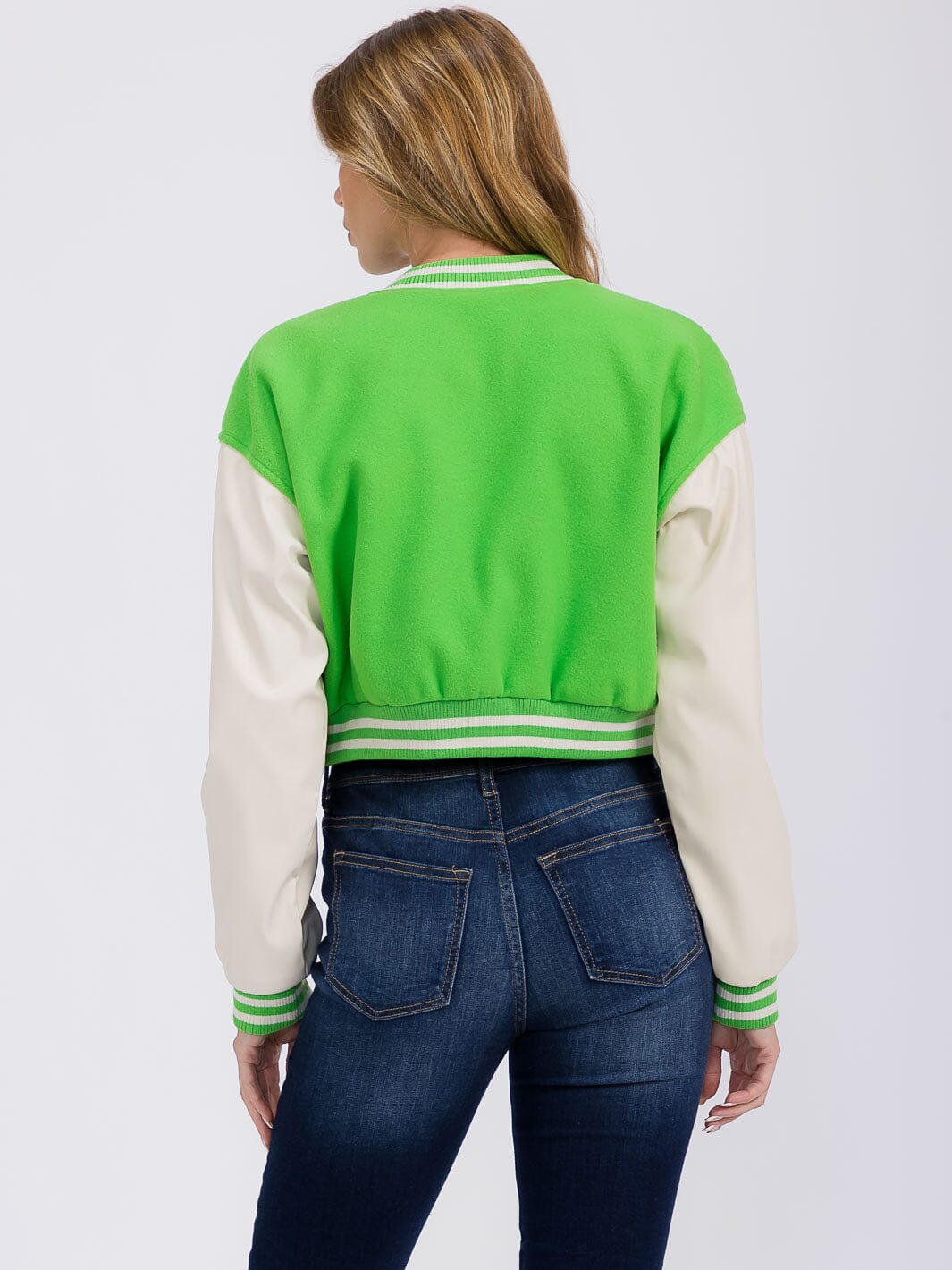 WOMEN'S LONG PU PLEATHER SLEEVE BUTTON CLOSURE POCKETS VARSITY JACKET