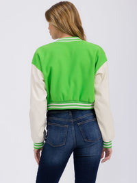 WOMEN'S LONG PU PLEATHER SLEEVE BUTTON CLOSURE POCKETS VARSITY JACKET