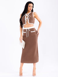 WOMEN'S SLEEVELESS CROP TOP & MAXI SKIRT KNITTED 2PC.SET