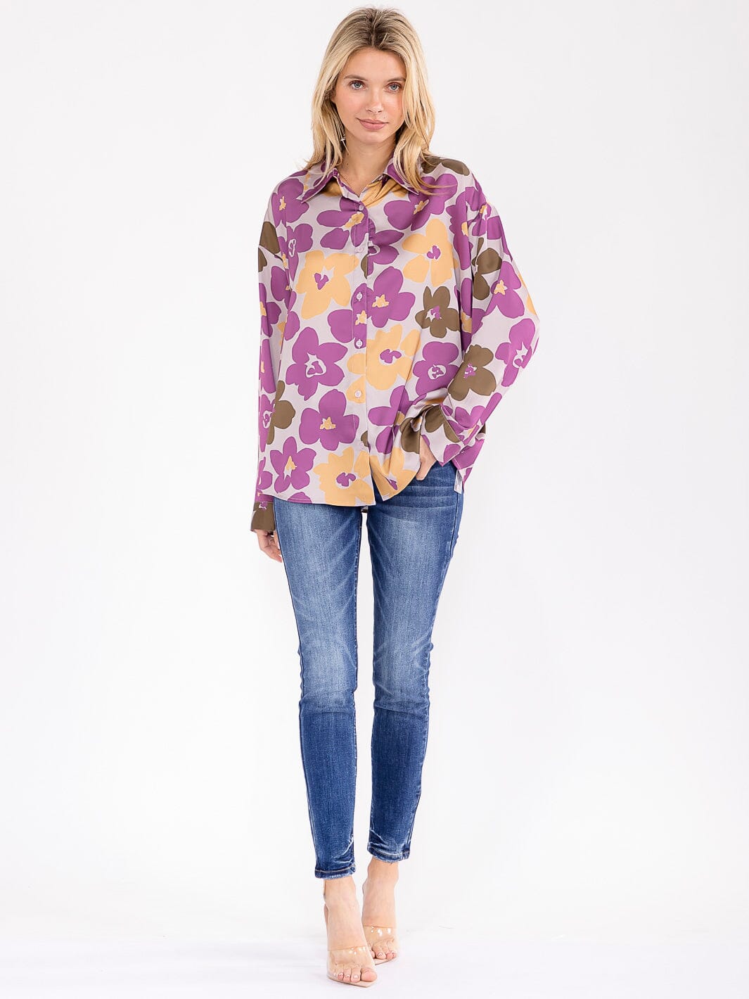 WOMEN'S LONG SLEEVE BUTTON UP FLORAL PRINT BLOUSE