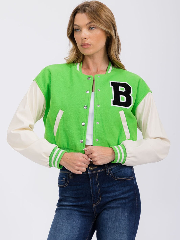 WOMEN'S LONG PU PLEATHER SLEEVE BUTTON CLOSURE POCKETS VARSITY JACKET