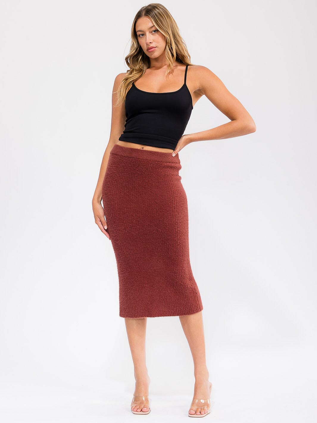 WOMEN'S ELASTIC WAIST FUZZY MIDI PENCIL SKIRT