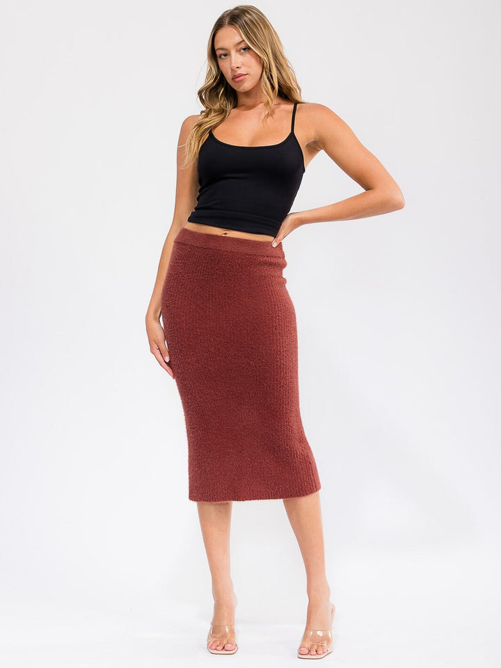 WOMEN'S ELASTIC WAIST FUZZY MIDI PENCIL SKIRT