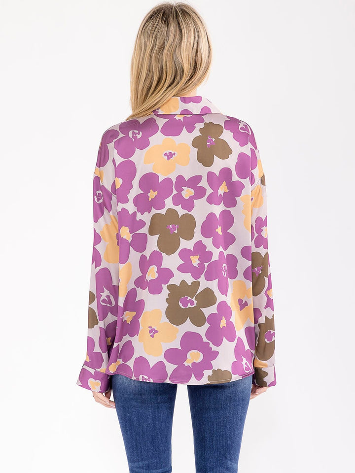 WOMEN'S LONG SLEEVE BUTTON UP FLORAL PRINT BLOUSE