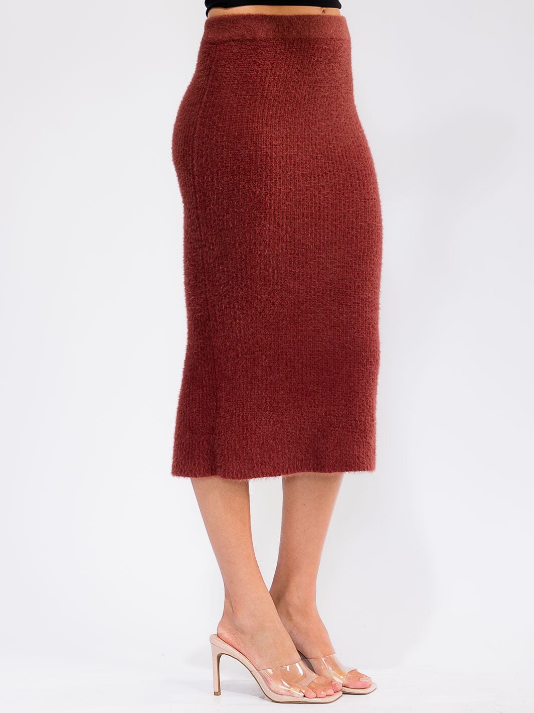 WOMEN'S ELASTIC WAIST FUZZY MIDI PENCIL SKIRT