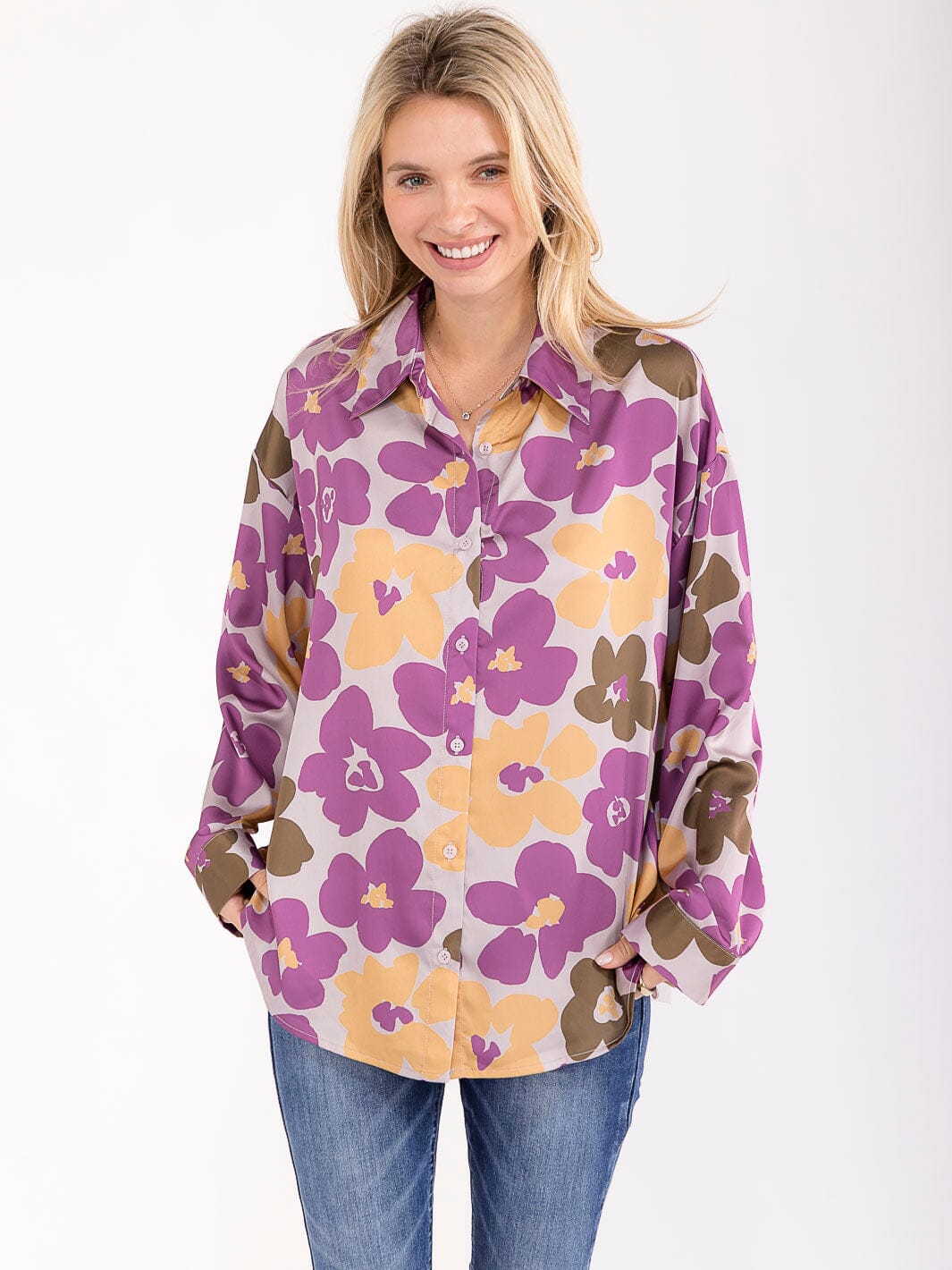 WOMEN'S LONG SLEEVE BUTTON UP FLORAL PRINT BLOUSE