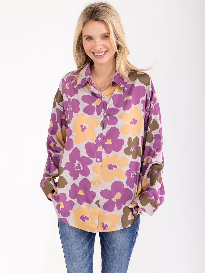 WOMEN'S LONG SLEEVE BUTTON UP FLORAL PRINT BLOUSE
